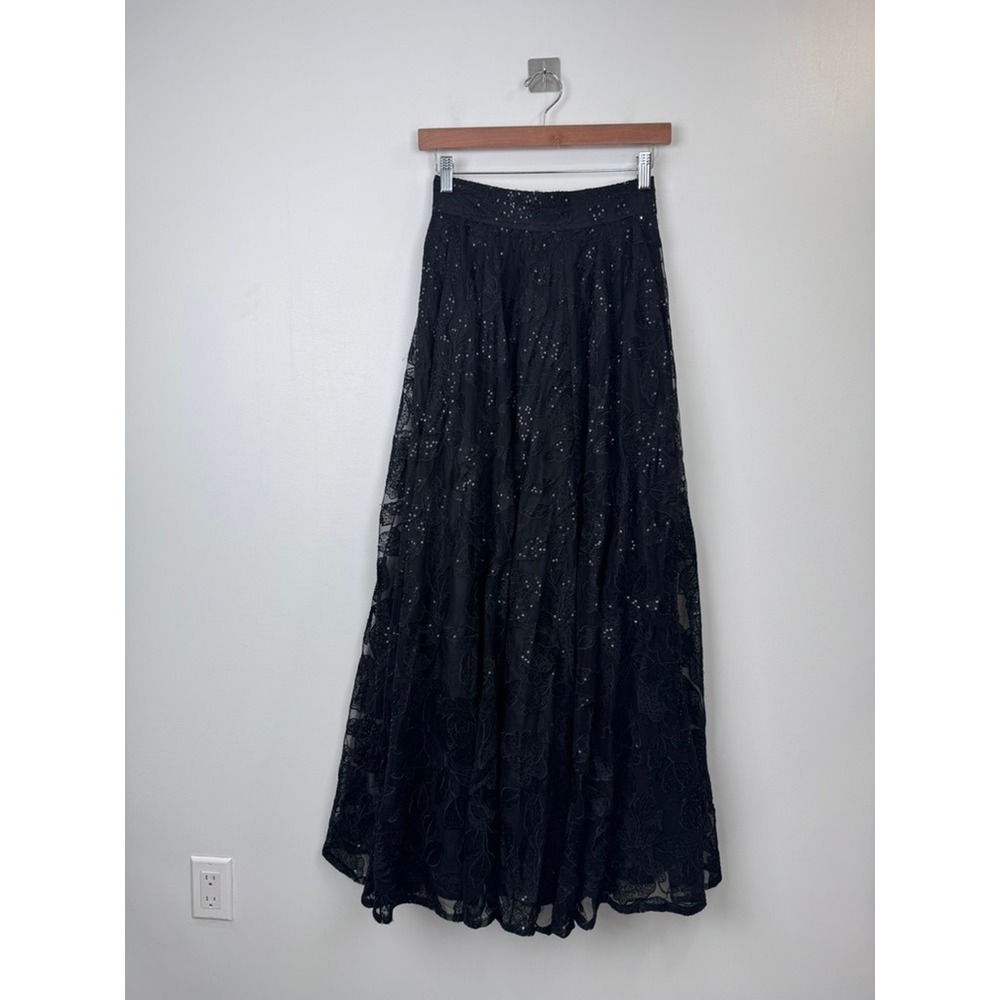 The Saree Room Womens Black Lace Maxi Skirt Sequin Floral Formal XXS Short